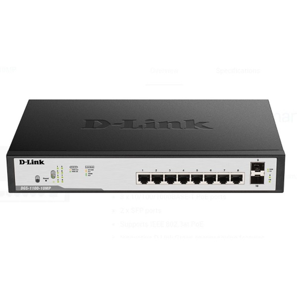 D-Link DGS-F1100-10PS-E 10-port Gigabit Smart Managed Switch, IPv6 Ready, Smart And Flexible Management, 8 x 10/100/1000BASE-T PoE ports 2 x SFP ports Supports IEEE 802.3at PoE, Innovative D-Link Gree