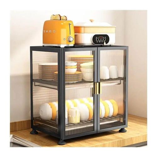 2 Tier Transparent Modern Kitchen Glass Accent Storage Cabinet Sideboard Space Saving Corner Coffee Bar Cabinet Pantry Cupboard Console Table Utensil Holder Storage Box Dish Draining Rack Organizer- M