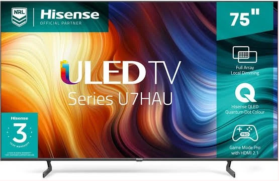 Hisense 75-Inch TV; ULED Premium Quantum Dot 4K UHD Smart, Youtube, Netflix Bluetooth, USB, HDMI, Ethernet, Inbuilt Digital Reciver  - Black (3YRs WRTY)