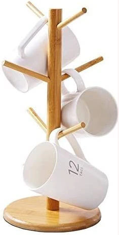 Bamboo Tree Mug Stand Coffee Cup Holder Rack Dryer with 6 Hooks -Brown