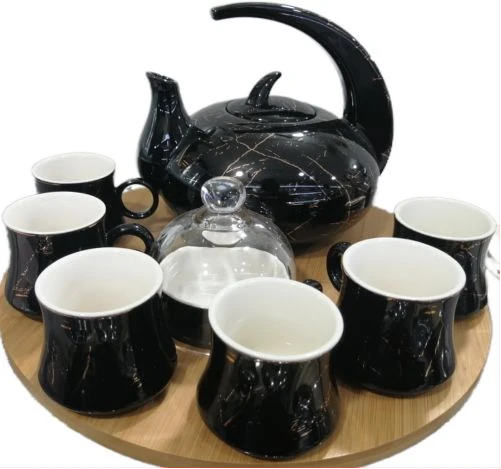 8Piece Cuppucino Tea Coffee Mugs Cups, Teapot And Bamboo Tray Set- Black.