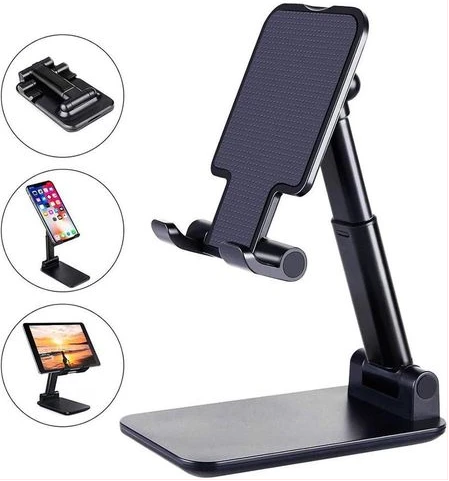 Phone Stand for Desk, Foldable Portable Cell Phone Holder Stand with Weighted Base, Adjustable Angle & Height Cell Phone Stand, Sturdy Phone Holder Metal Desktop Phone Stand