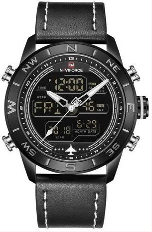 Naviforce Men's Dual Display Leather Straps Designer Watch - Black