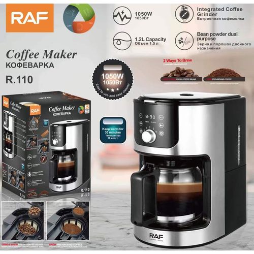 RAF Pure-Aroma-Perfect Superior Drip Coffee Maker With Integrated Grinder and Smart Water Supply 1.2L Glass Coffee Maker, 24 Hour Timer, Keep Warm Plate Stainless Steel, 1050W Opti-Brew System, Anti D