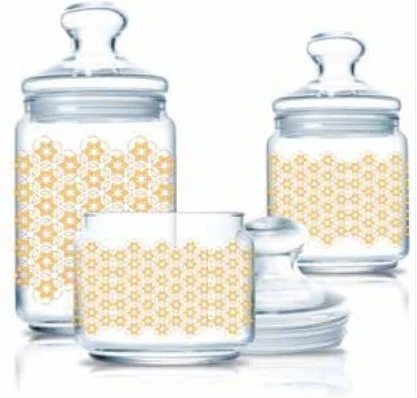 Luminarc 3 Pc Golden Flower Maze Sugar Bowl, Food Storage Jar Container Set, Colourless.
