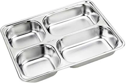 6 Pc Stainless Steel Rectangle 4 In1 Compartment Dinner Plate Tray - Silver