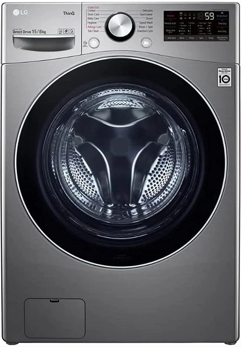 LG 15Kg Washer & 8Kg Dryer Front Load, Direct Drive Motor 1400 RPM 12 Programmers Color Silver Model - F0L9DGP2S