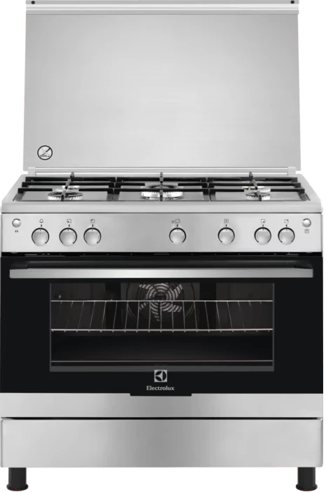 Electrolux Full Gas Cooker 90x60CM EKG9000a9X, 5-Gas Burners, Cast Iron Pan Support, Auto Ignition, Gas Oven & Grill, Flame Failure Protection Device, Rotisserie With Fan, Stainless Steel - Silver
