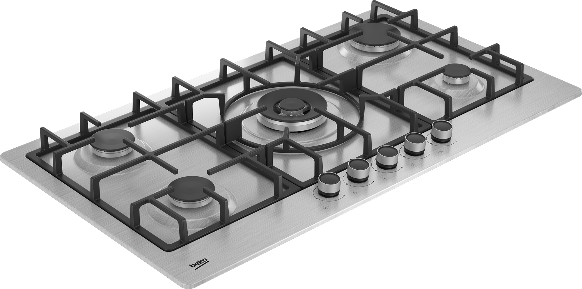 Beko 90cm Gas Hob HIMW 95225; 4 Gas + 1 Wok Burner, Stainless Steel, Front Knob Control, Cast Iron Pan Support