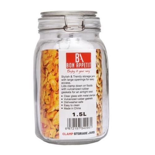 0.75Litre Glass Clip Jar, Cereal Food Cookie Storage Tin, Colourless