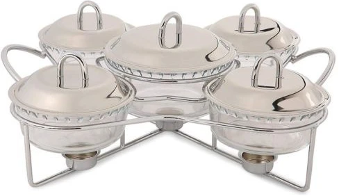 5 Piece Glass Soup Chafing Serving Dishes Warmers - Colorless