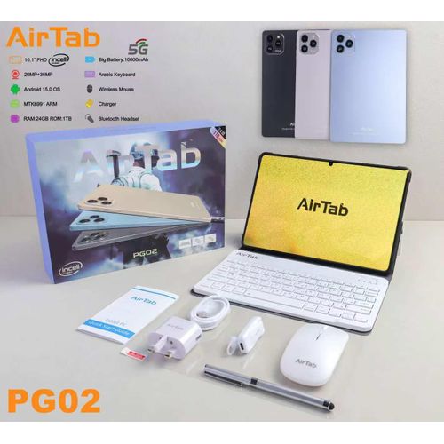 AirTab PG02 Gaming Tablet PC - 10.1 Inch FHD Incell Screen 20MP+36MP Camera Android 15.0 OS 24GB RAM 1TB ROM MTK6991 ARM Big Battery Of 10000mAh 5G Wi-Fi Android Tablet with Charger, Bluetooth Headset