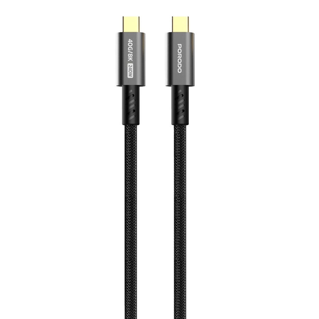 Porodo Woven TypeC-C 1.8m Cable PD 240W, 40Gbps Data Transfer, 8K UHD Video Resolution, Rapid Data Sync, Aluminum Alloy Material - Black