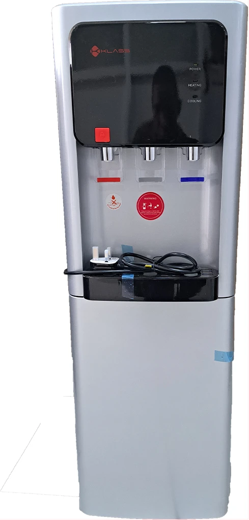 KLASS Water Dispenser KL-3TGLC; Hot, Cold & Normal, 3-tap Top Loading With Bottom Fridge – Grey