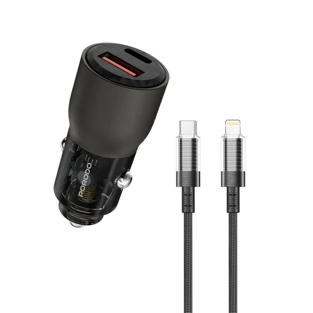 Porodo 95W Car Charger Transparent With 0.9M Lightning Cable