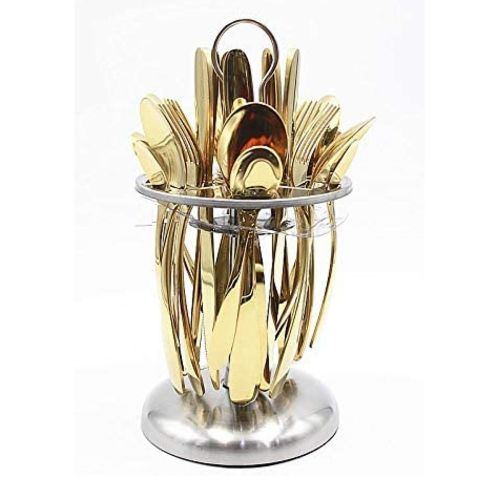 24 pieces Of Plain Cutlery (Forks,Spoons& Knives) with a Stand - Gold