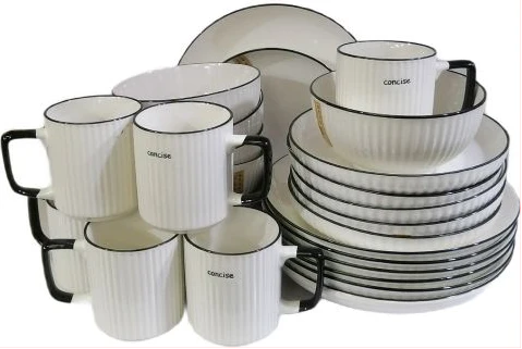 24pcs Of Black line Design Plates Bowls Cups Dinner Set - Cream