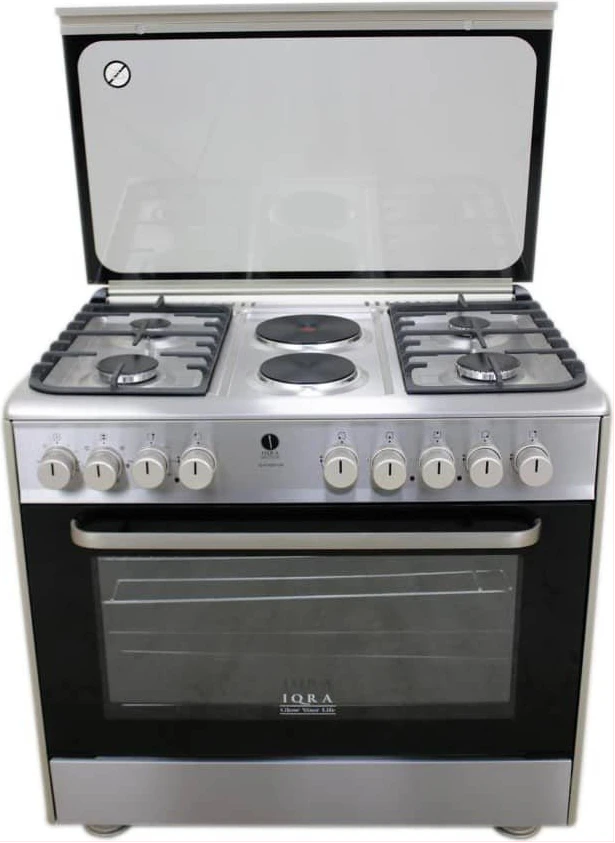 IQRA 90x60cm, 4-Gas Burners & 2 Electric Plates Cooker, Auto Ignition, Electric Oven, Dual Fan, Grill & Rotisserie - Stainless Steel