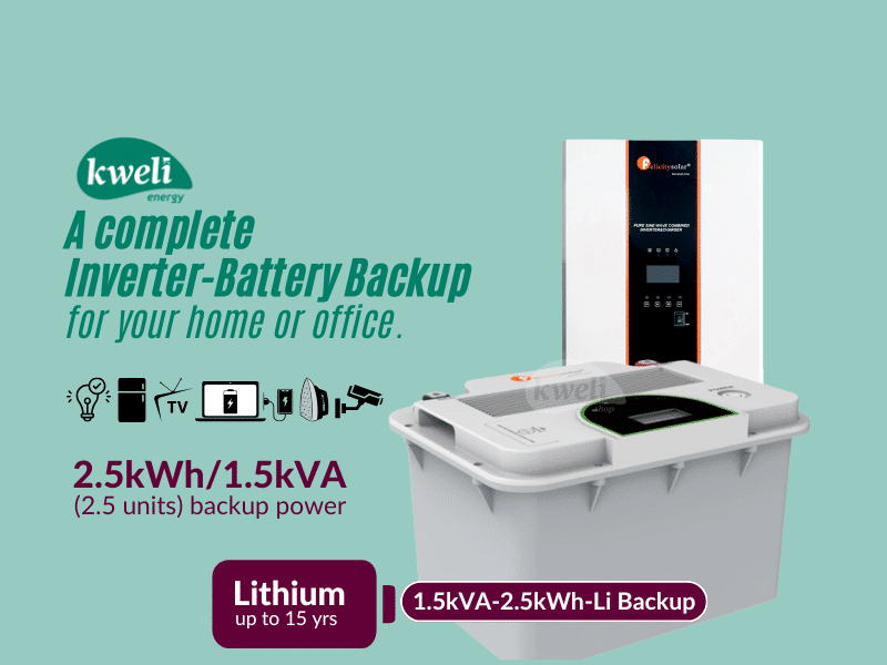 Buy new Kweli Energy 1.5kVA-2.5kWh-Lithium Battery-Inverter Power Backup System; Durable Backup, Charge with Umeme/UEDCL or Generator, Store upto 2.5 Units of Power in Uganda - - Free Delivery > Long 