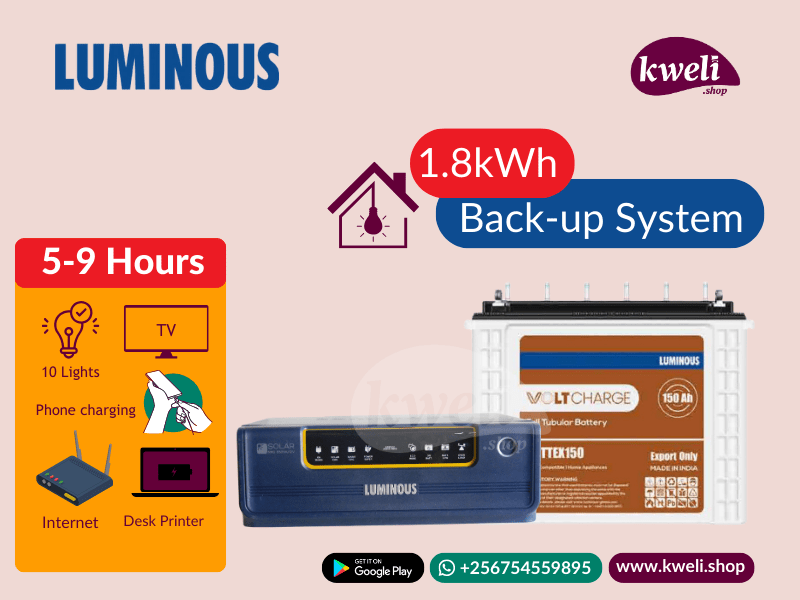Buy new Luminous 1.8kWh 850watt Home Power Back-up System; Run TV, 10 Lights, Laptops, Internet Router for up to 9 hours in Uganda - - Free Delivery > Long warranty > Lifetime After-sales Support