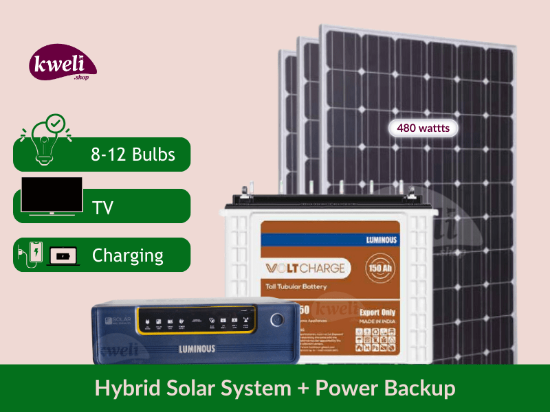 Buy new Kweli 480W/1.8kWh/850VA Hybrid Solar System & Power Backup for Home; Power upto 12 Bulbs, TV, Laptop and Phone Charging in Uganda - - Free Delivery > Long warranty > Lifetime After-sales Suppo
