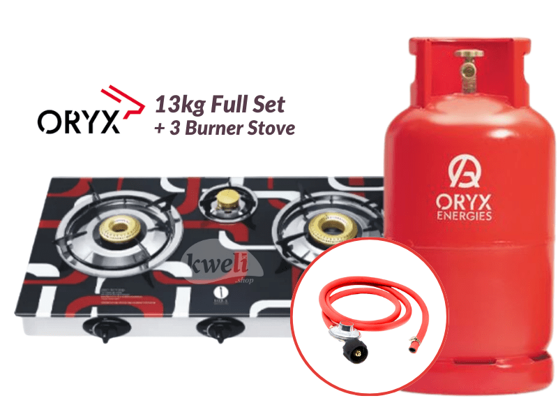 Buy Oryx Gas 13kg Full Set with 3 Burner Glass-top Gas Stove - Ready to Cook; 13kg Gas, Low Pressure RegulaIator, Hosepipe in Kampala - kweli.shop