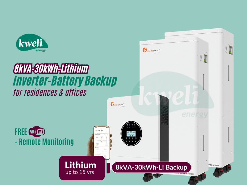 Buy new Kweli Energy 8kVA-30kWh Lithium Battery-Inverter Backup System; Automatic Switchover, FREE Remote Monitoring via WiFi, Charge with Grid/UEDCL, Generator or Solar in Uganda - - Free Delivery > 