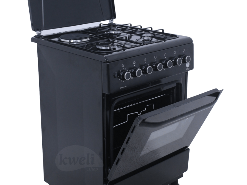 Buy new IQRA 60cm Cooker IQ-FC6011-BLK; 3 Gas + 1 Electric Burner, Electric Oven and Grill; Oven Timer, Enamel Pan Support in Uganda - - Free Delivery > Long warranty > Lifetime After-sales Support