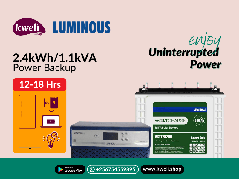 Buy new Kweli 2.4kWh/1.1kVA Power Backup System; Run 10-15 bulbs, TV, Small Fridge, Phone & Laptop charging for up to 18 hours in Uganda - - Free Delivery > Long warranty > Lifetime After-sales Suppor