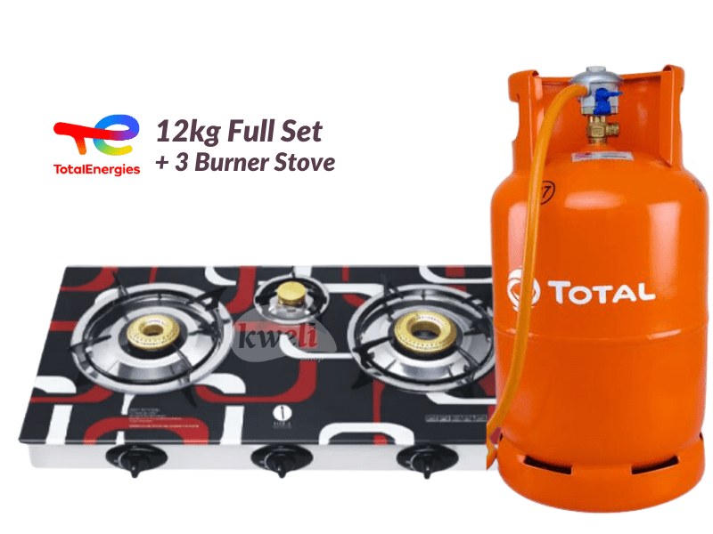 Buy Total Gas 12kg Full Set with 3-Burner Glass-top Gas Stove - Ready to Cook; 12kg Gas, Low Pressure RegulaIator, Hosepipe in Kampala - kweli.shop