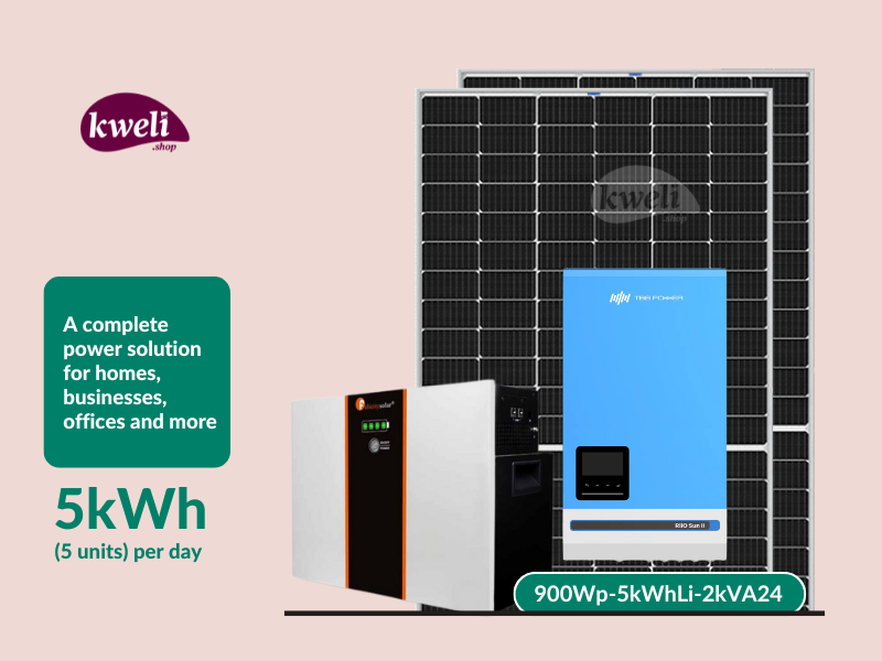 Buy Kweli Energy 900Wp-5kWh-2kVA LiFePo4 (Lithium) Hybrid Solar System & Power Backup Solution; Complete Solar System for home or office in Uganda & South Sudan