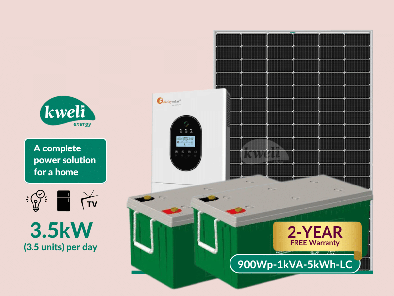 Buy new Kweli Energy 900Wp-1kW-5kWh-LeadCarbon Hybrid Solar System; complete Solar System to power up to 20 bulbs, fridge, TV, charging, etc. for up to 12 years in Uganda - - Free Delivery > Long warr