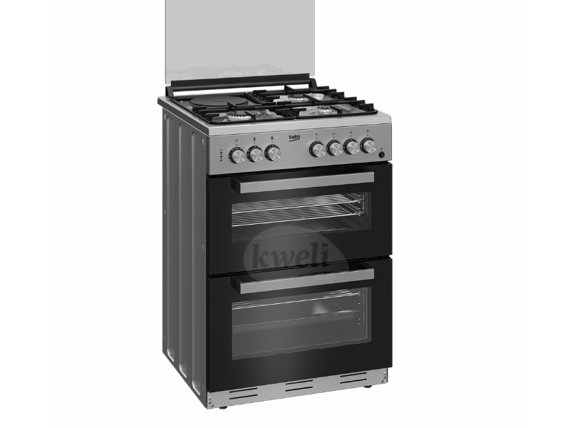 Buy new Beko 60x60cm Cooker FDF63110DXDSL; 3 Gas + 1 Electric Plate, Double Electric Oven + Grill, Fan Assisted, Cast Iron Pan Supports, Flame Failure Device, Pizza Tray, Inox Finish in Uganda - - Fre