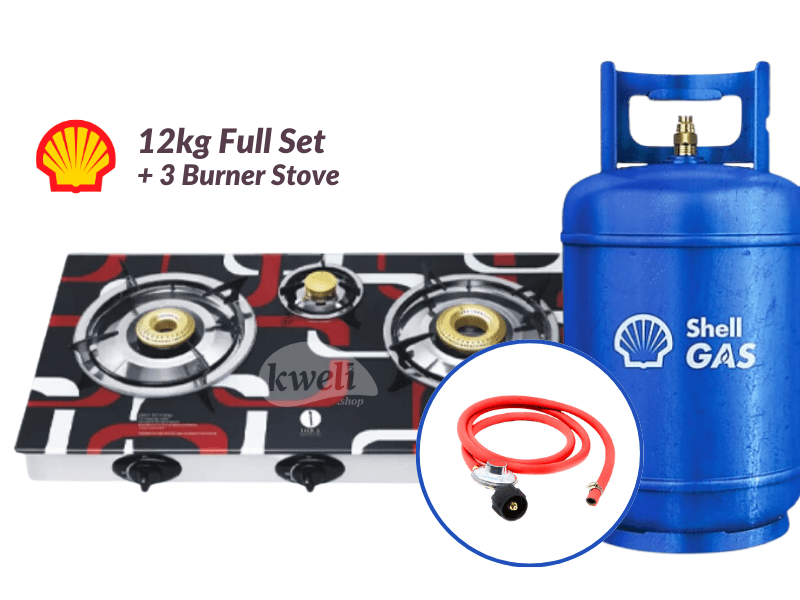 Buy Shell Gas 12kg Full Set With 3-Burner Glass-Top Gas Stove – Ready To Cook; 12kg Gas, Low Pressure RegulaIator, Hosepipe in Kampala - kweli.shop