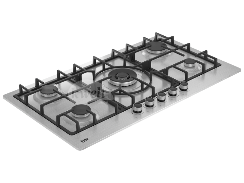 Buy new Beko 90cm Gas Hob HIMW 95225; 4 Gas + 1 Wok Burner, Stainless Steel, Front Knob Control, Cast Iron Pan Support in Uganda - - Free Delivery > Long warranty > Lifetime After-sales Support