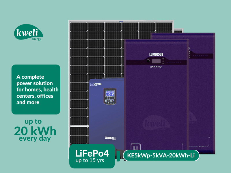Buy new Kweli Energy 5kWp-5kVA-20kWh Lithium Hybrid Solar System; Complete Solar Power Backup System for home, hospital, office and more in Uganda - - Free Delivery > Long warranty > Lifetime After-sa