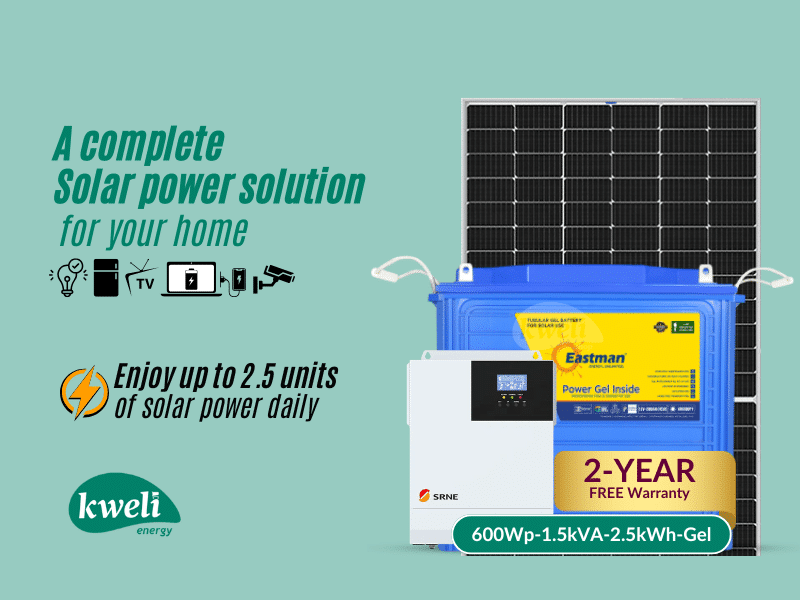 Buy new Kweli Energy 600W-2.5kWh-1500VA12V Hybrid Solar System & Power Backup Solution; Run a fridge/freezer, upto 15 Bulbs, TV, Laptop and Phone Charging in Uganda - - Free Delivery > Long warranty >