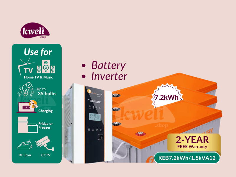 Buy new Kweli 7.2 kWh1500VA12-GEL Power Backup System; Run up to 35 Bulbs, TV, Fan, DC Iron, Fridge, Charging for up to 24 Hours in Uganda - - Free Delivery > Long warranty > Lifetime After-sales Supp