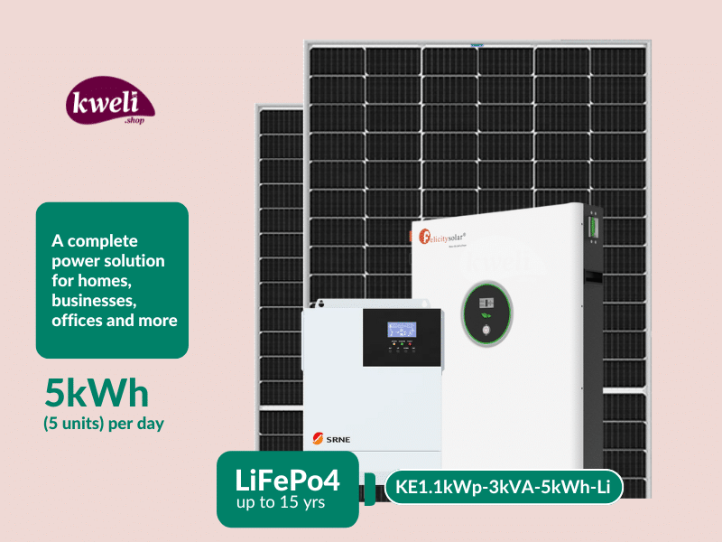 Buy new Kweli Energy 1.1kWp-3kVA-5kWh-Lithium Hybrid Solar System with WiFi Remote Monitoring; Complete Solar System for home or office in Uganda - - Free Delivery > Long warranty > Lifetime After-sal
