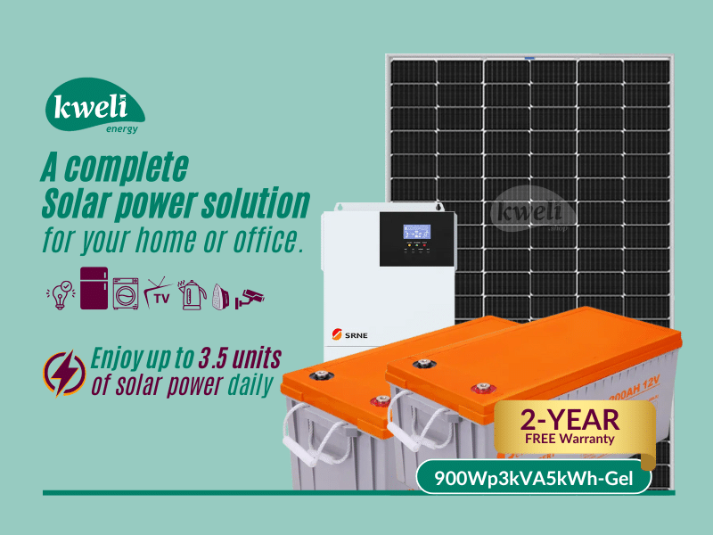 Buy new Kweli Energy 900Wp3kVA5kWh-Gel Hybrid Solar System; Enioy up to 3.5 units of solar power daily, power all essential appliances in Uganda - - Free Delivery > Long warranty > Lifetime After-sale