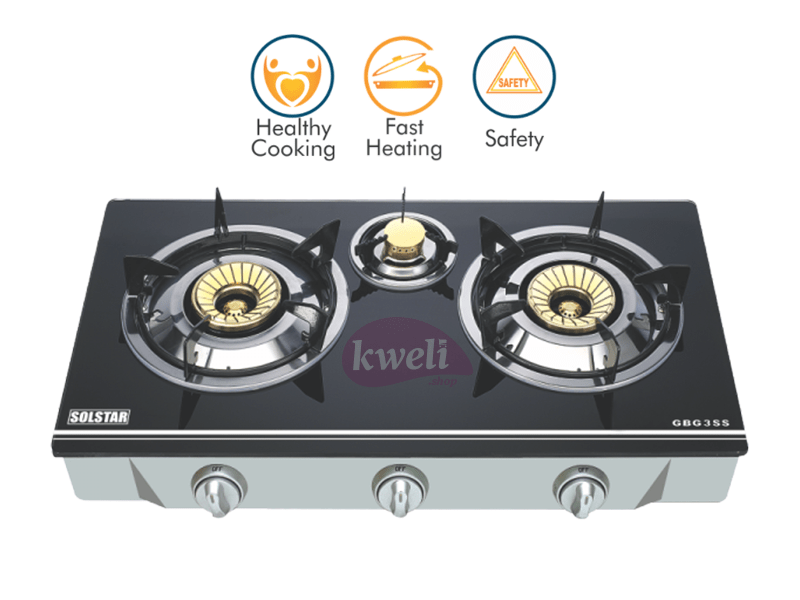Buy new Solstar Gas Stove GBG 3SS; Auto Ignition, 3-Gas 8mm Glass Top Gas Stove in Uganda - - Free Delivery > Long warranty > Lifetime After-sales Support