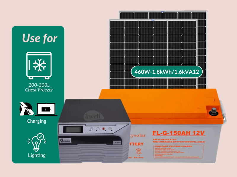 Buy new Kweli Energy 460W-1.8kWh-1.6kVA Hybrid Solar System & Power Backup Solution; Power your Freezer, Laptop Charging, Phone Charging and Lighting in Uganda - - Free Delivery > Long warranty > Life
