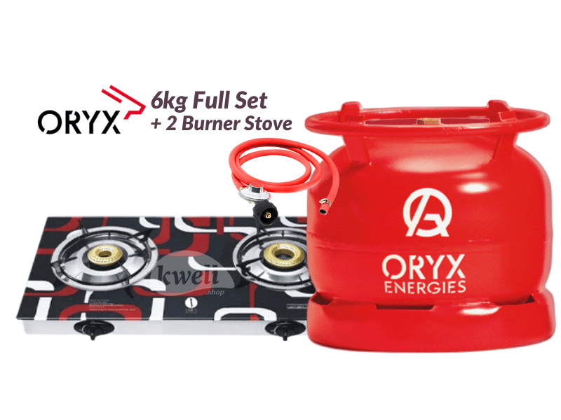 Buy new Oryx 6kg Gas Cylinder Full Set with 2-Burner Glass Top Gas Stove; 6kg Gas, Low Pressure RegulaIator, Hosepipe in Uganda - - Free Delivery > Long warranty > Lifetime After-sales Support