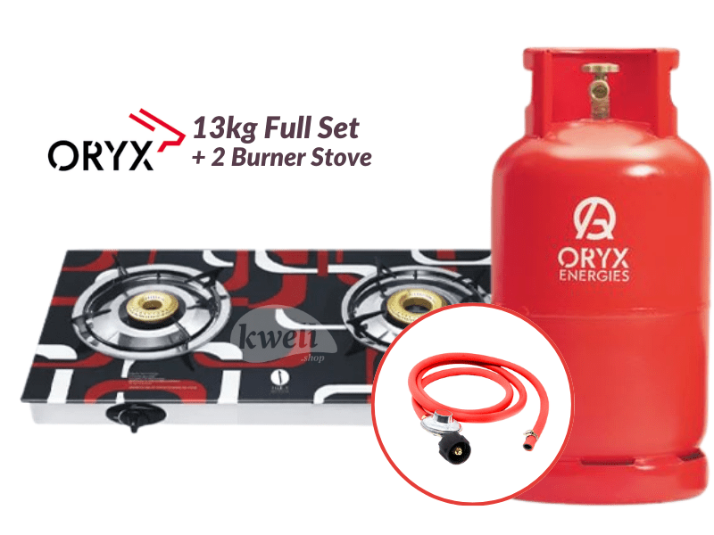Buy Oryx Gas 13kg Full Set with 2 Burner Glass-top Gas Stove - Ready to Cook; 12kg Gas, Low Pressure RegulaIator, Hosepipe in Kampala - kweli.shop