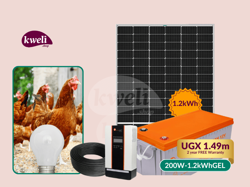 Buy new Kweli Energy 200W1.2kWh Solar Lighting System for a Poultry Farm (Chicken House); 10 bulbs for 24 hours in Uganda - - Free Delivery > Long warranty > Lifetime After-sales Support