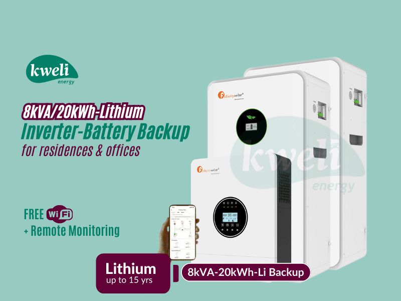 Buy new Kweli Energy 8kVA-20kWh Lithium Battery-Inverter Backup System; Automatic Switchover, FREE WiFi plus Remote Monitoring, Charge with Grid/UEDCL, Generator or Solar in Uganda - - Free Delivery >