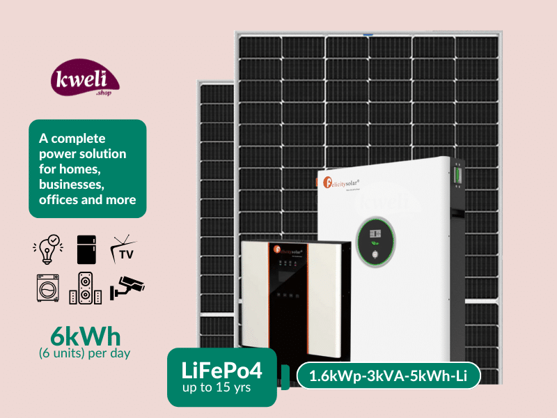 Buy new Kweli Energy 1.6kWp-3kVA-5kWh-Lithium Hybrid Solar System with WiFi Remote Monitoring; Complete Power Solution for Home and Office in Uganda - - Free Delivery > Long warranty > Lifetime After-