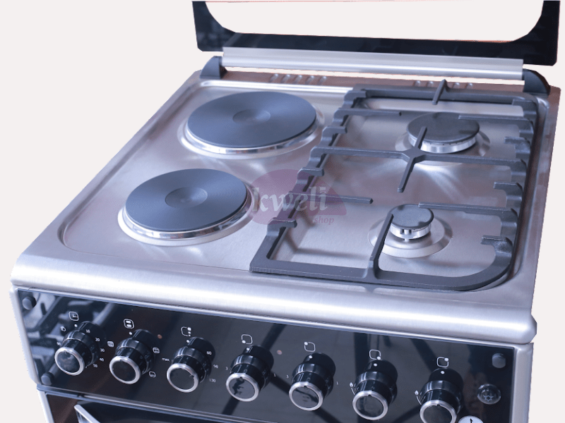 Buy new IQRA 60cm Cooker IQ-FC6221-SS; 2 Gas Burners + 2 Electric Plates, Electric Oven and Grill, Timer, Cast Iron Pan Support in Uganda - - Free Delivery > Long warranty > Lifetime After-sales Suppo