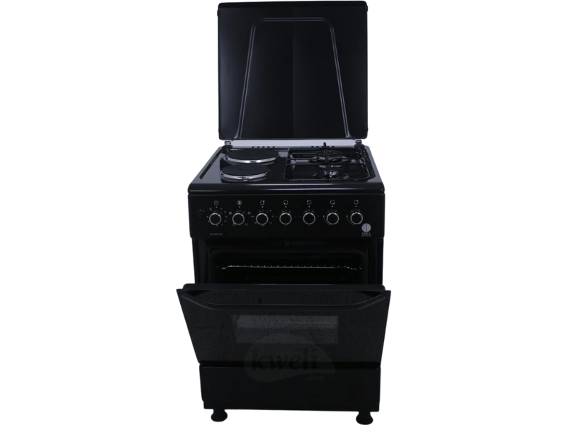 Buy new IQRA 50x60cm Cooker IQ-C2022-BLK; 2 Gas Burners + 2 Electric Plates with Electric Oven and Grill; Oven Timer, Black in Uganda - - Free Delivery > Long warranty > Lifetime After-sales Support