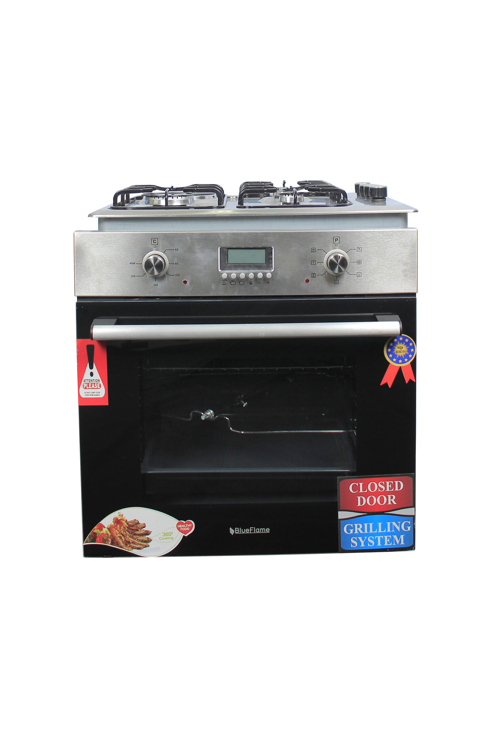 Blueflame 60cm Built-in Cooker 43IC; 3-Gas Burners And 1-Electric Plate, Electric Oven, Oven Fan, Grill Heater, Thermostat, Fan, Auto Ignition - Inox